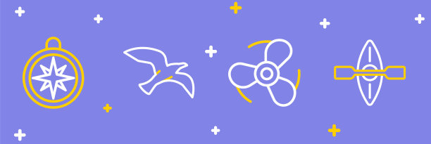 集线皮艇和桨，船螺旋桨，鸟海鸥和指南针图标。向量图片下载