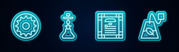 设置线脉轮，水烟，印度宪法日和茶包。发光的霓虹灯图标。向量图片下载