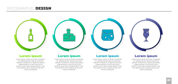 设置香槟瓶，威士忌和玻璃杯，一杯威士忌和啤酒。业务信息图表模板。向量图片下载