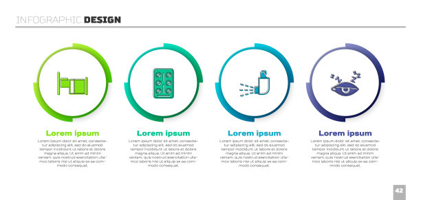 设置病床，泡罩包装的药片，吸入器和失眠。业务信息图表模板。向量图片下载