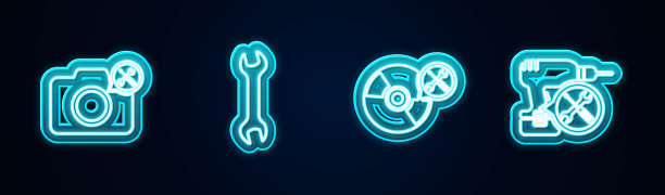 设置线摄影服务，扳手，CD或DVD磁盘和钻机。发光的霓虹灯图标。向量图片下载