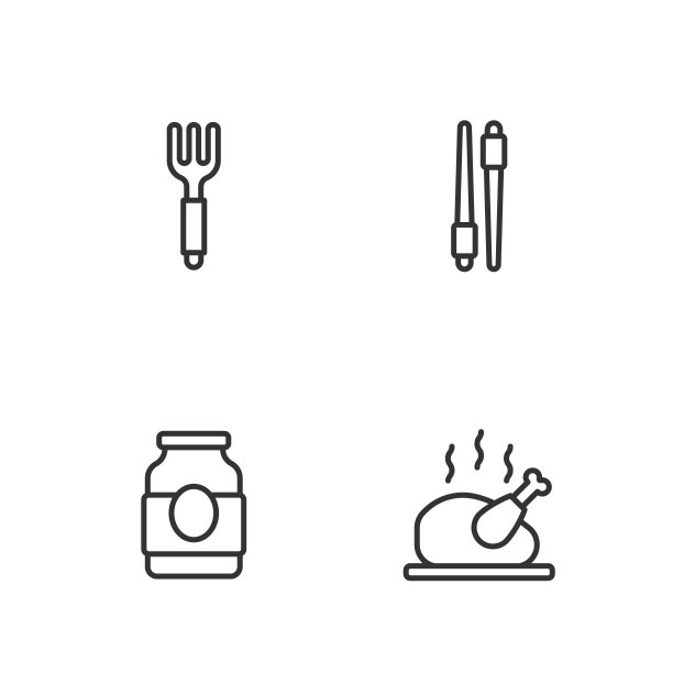设定线烤火鸡或鸡肉，果酱罐，叉子和食物筷子图标。向量图片下载