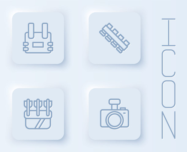 设置线防弹背心，狩猎子弹带，箭袋和照相机。白色方形按钮。向量图片下载