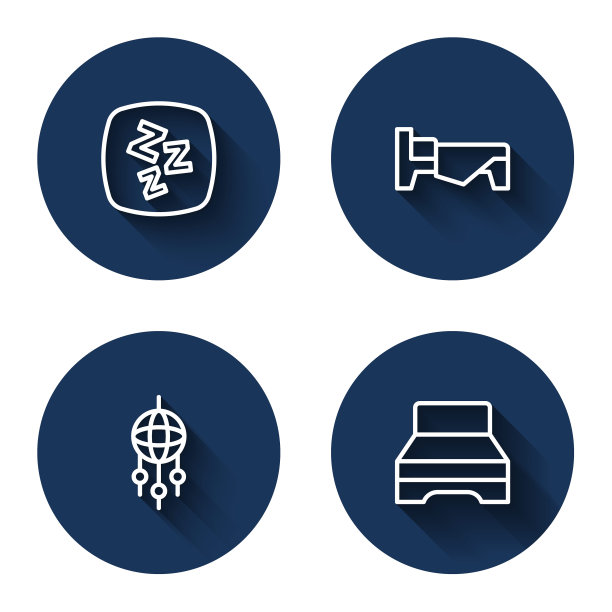 产品系列:睡意、床、羽毛捕梦网、长阴影大床。蓝色圆圈按钮。向量图片下载