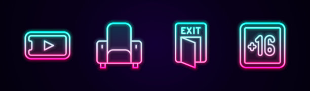 在线播放视频，电影院椅子，消防出口和Plus 16电影。发光的霓虹灯图标。向量图片下载