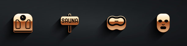 集浴室秤，桑拿，肥皂和面部美容面膜图标长阴影。向量图片下载