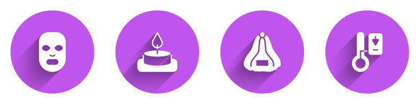 设置面部美容面膜，芳香蜡烛，桑拿帽和温度计图标长阴影。向量图片下载