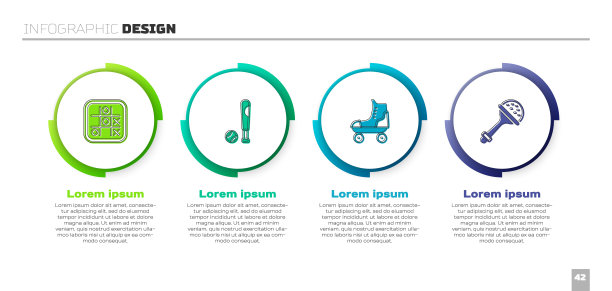 设置井字游戏，棒球棒与球，轮滑和拨浪鼓婴儿玩具。业务信息图表模板。向量图片下载