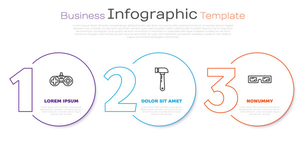 设置线手柄，锤子和3D电影眼镜。业务信息图表模板。向量图片下载
