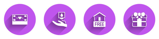 集捐赠和慈善，献血，免费送货到家和礼品盒图标长阴影。向量图片下载