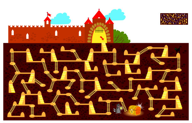 逻辑益智游戏与迷宫为儿童和成人。找到通往地下隐藏的宝箱的路，并画出一条线。在线玩。儿童活动单。矢量卡通图像。图片下载