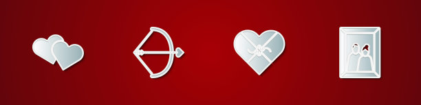 集心，弓和箭，糖果在心形盒子和相框图标。向量图片下载