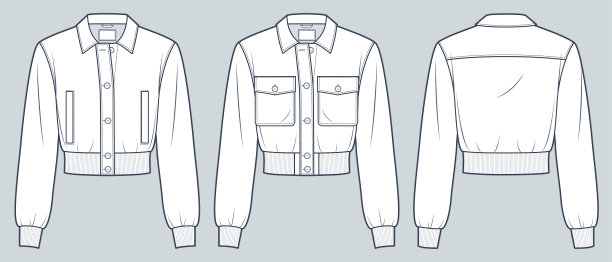 钮扣羽绒服时尚平技术图纸模板。飞行员夹克技术时尚插图，口袋，肋骨，前后视图，白色，女性，男性，男女通用的CAD模型集。图片下载
