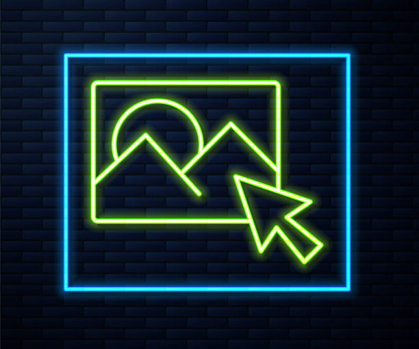发光的霓虹灯线照片修饰图标孤立的砖墙背景。摄影师，摄影，润饰图标。向量图片下载