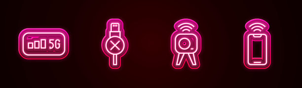 固定线路5G无线上网，无usb数据线，网络摄像头和带wi-fi的手机。发光的霓虹灯图标。向量图片下载