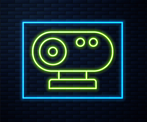 发光的霓虹灯线网络摄像头图标孤立的砖墙背景。摄像头聊天。摄像头图标。向量图片下载