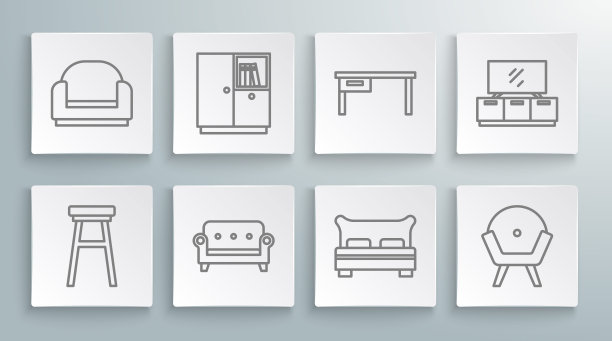 集合线椅子，衣柜，沙发，大床，扶手椅，办公桌，电视桌，支架和图标。向量图片下载