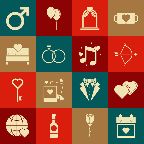 集日历与心，两个相连的心，弓和箭，婚礼拱门，戒指，卧室，男性性别符号和音乐笔记，音调心的图标。向量图片下载