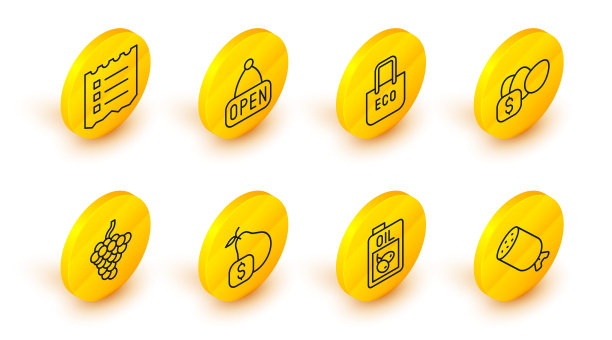 设置线腊肠，一瓶橄榄油，价格标签梨，葡萄水果，鸡蛋，购物袋与回收，挂标志打开和列表图标。向量图片下载