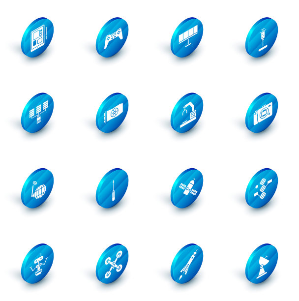 设置手柄，太阳能面板，注射器，服务器，数据，网络托管，社交网络，视频图形卡，无反光镜相机和机器人手臂工厂图标。向量图片下载