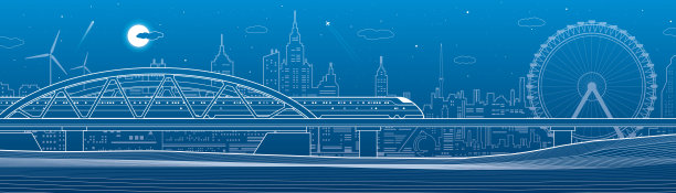 火车在桥上行驶。城市工业和交通插图。摩天轮。城市场景。蓝色背景上的白线。矢量设计艺术图片下载