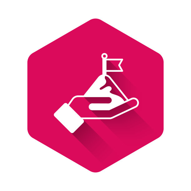 白色山脉与旗帜在顶部图标与长阴影背景隔离。象征胜利或成功的概念。目标的成就。粉红色六边形按钮。向量图片下载