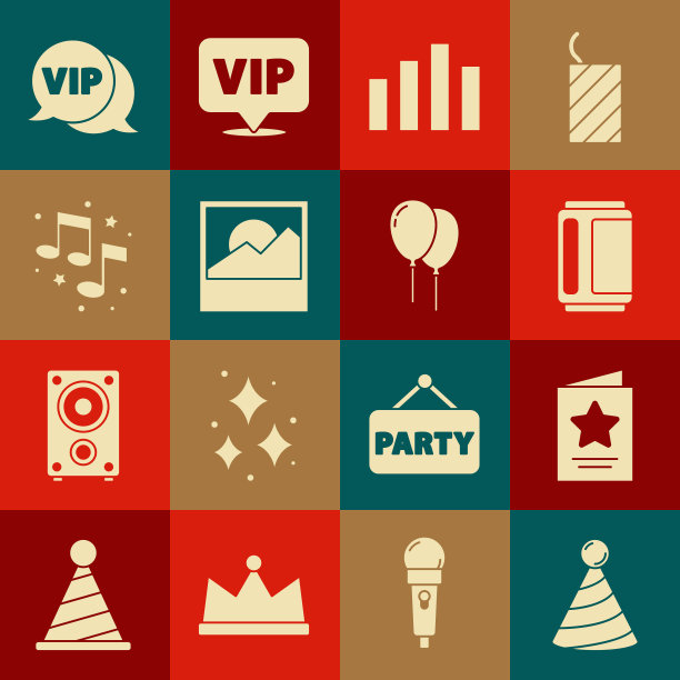 集聚会帽，贺卡，啤酒罐，音乐均衡器，照片，笔记，语气，Vip演讲气泡和气球带图标。向量图片下载