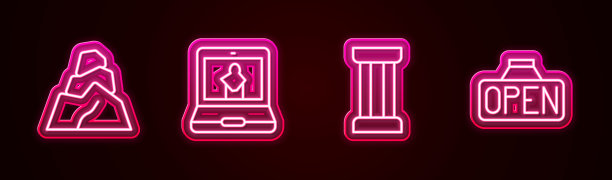 集行石碑、在线博物馆、古柱、吊牌与开放。发光的霓虹灯图标。向量图片下载