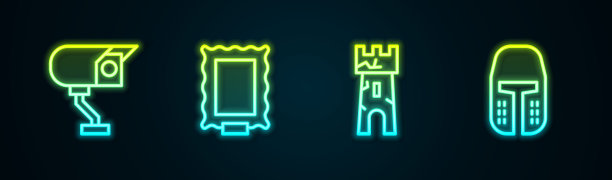 集线安全摄像头，图片，城堡塔和中世纪铁头盔。发光的霓虹灯图标。向量图片下载