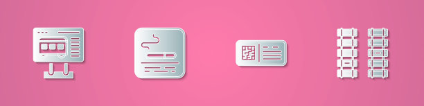 设置剪纸售票处购票，吸烟区，二维码列车和铁路，铁路轨道图标。纸艺风格。向量图片下载