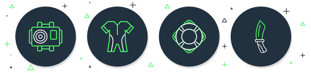 设线潜水服水肺潜水，救生圈，照片相机潜水员和潜水刀图标。向量图片下载
