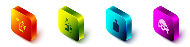 集等距草莓丛，酒瓶与玻璃，满袋和奶酪图标。向量图片下载