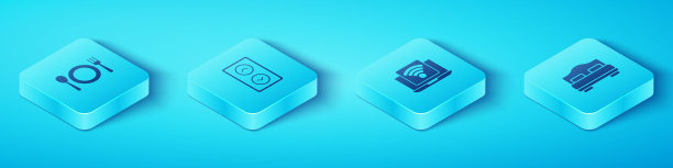 设置等距板，刀叉，电梯，酒店房间床和无线笔记本电脑图标。向量图片下载