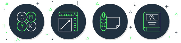设置线纸大小，纸卷，CMYK色彩混合和相册画廊图标。向量图片下载