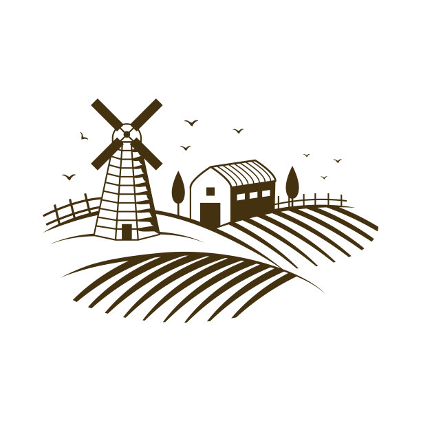 乡村景观与风车的老式面包店和房子在山上图片下载