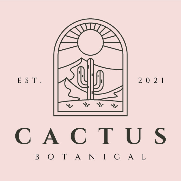 仙人掌植物对沙漠符号矢量线条艺术极简主义符号插画设计，复古仙人掌符号设计图片下载