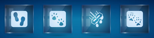 设置人类脚印鞋，爪，拖把和狐爪。方形玻璃板。向量图片下载