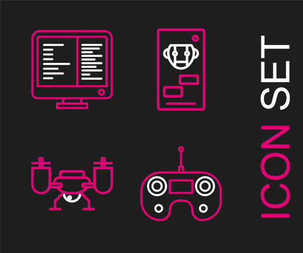 设置线遥控，无人机飞行与动作相机，机器人和电脑显示器屏幕图标。向量图片下载