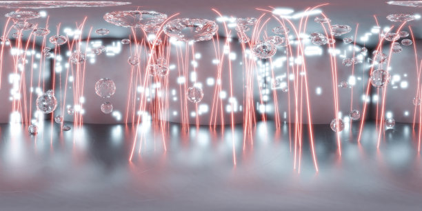 360全球形全景红蓝未来激光束技术设计大厅3d渲染插画HDR hdri vr虚拟现实环境地图图片下载