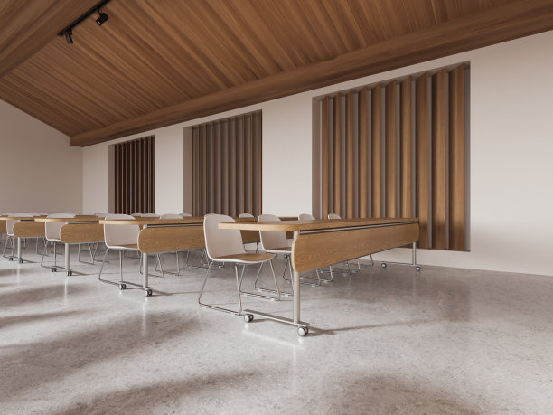 现代化的教室内部，椅子和桌子排成一排图片下载