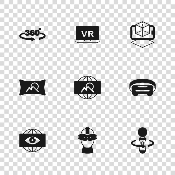 集虚拟现实眼镜，VR控制器游戏，广角画面，3d建模，360度视图，图标。向量图片下载