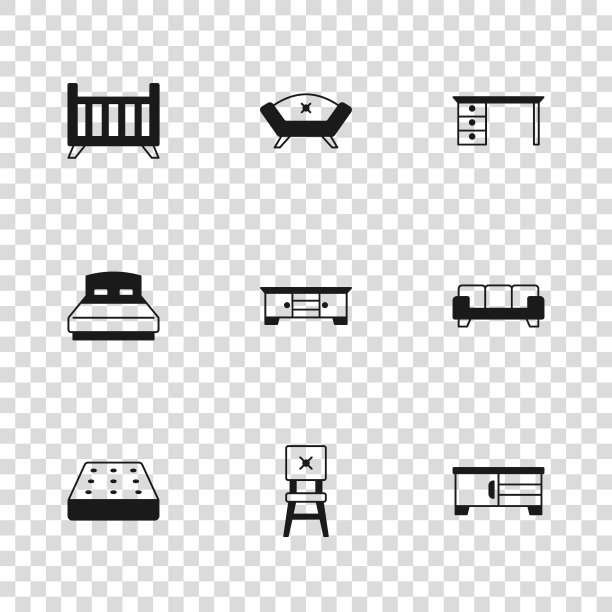 集椅子，沙发，电视桌架，办公桌，婴儿床摇篮床，和大图标。向量图片下载
