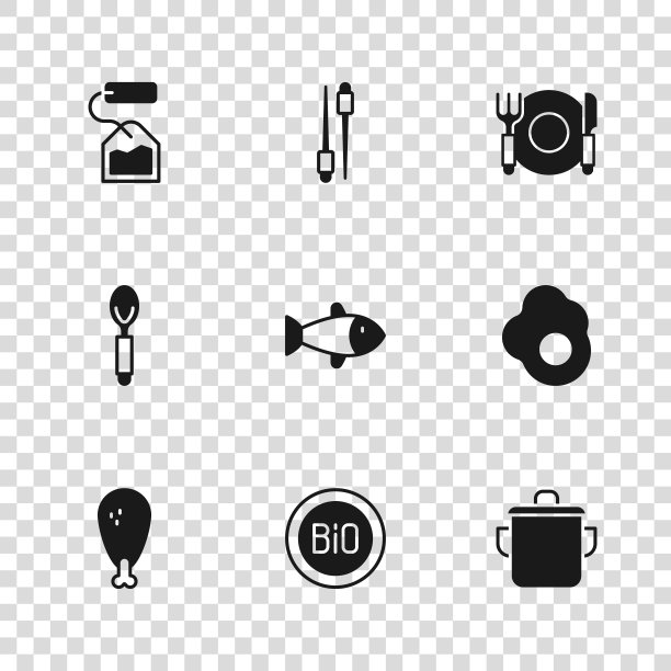 设置横幅生物，炒鸡蛋，锅，鱼，盘子，叉和刀，茶包，食物筷子和勺子图标。向量图片下载
