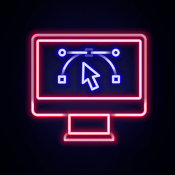 发光的霓虹灯线计算机显示与矢量设计程序图标孤立孤立在砖墙背景上。照片编辑软件与用户界面。色彩缤纷的轮廓概念。向量图片下载