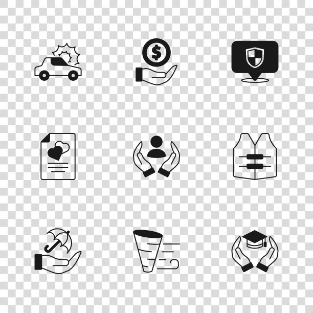 集龙卷风，救生衣，教育补助金，保险，位置盾牌，汽车，金钱与婚姻合同图标。向量图片下载