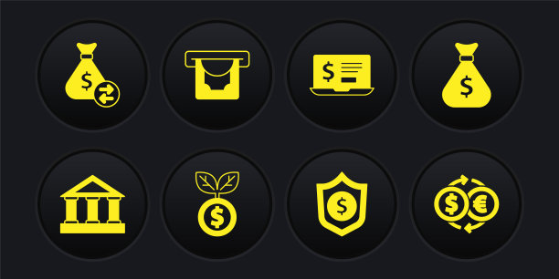 集银行大楼，钱袋，美元工厂，盾牌与美元，笔记本电脑，ATM和钱，交换和图标。向量图片下载