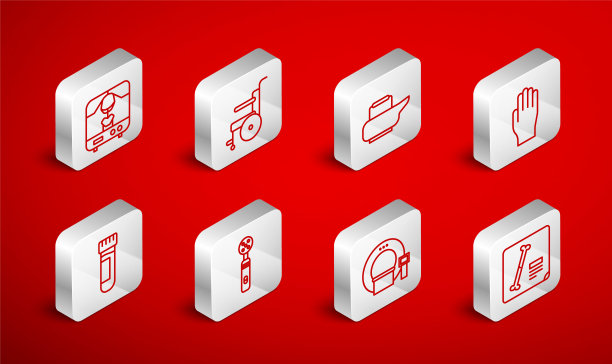 固定线x光镜头，残疾人轮椅，便盆，医用橡胶手套，断层扫描，机器，电动牙刷和带有血液图标的试管。向量图片下载