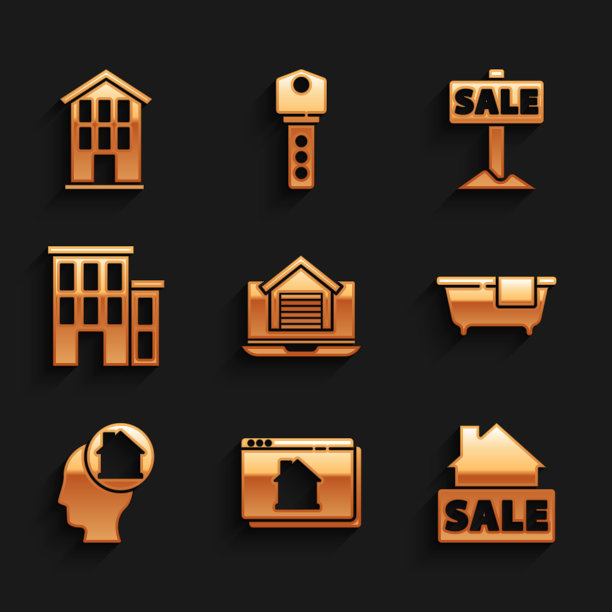 集在线房地产的房子，挂的标志与销售，浴缸，男人梦想购买，房子，和图标。向量图片下载