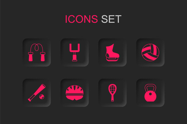 集自行车头盔，美式足球门柱，跳绳，网球拍，排球，重量，溜冰鞋和棒球棒与图标。向量图片下载