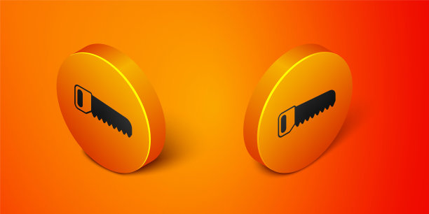 等距手锯图标隔离在橙色背景。橙色圆圈按钮。向量图片下载